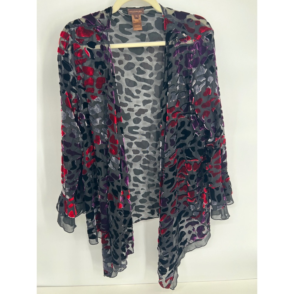 Multiplesβ Womens Sz XL Burnout Velvet Leopard Cardigan Red Purple Black Ruffle